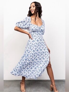 Baltic Born Gwen Smocked Midi Dress Blue Floral Midi puff sleeve XL